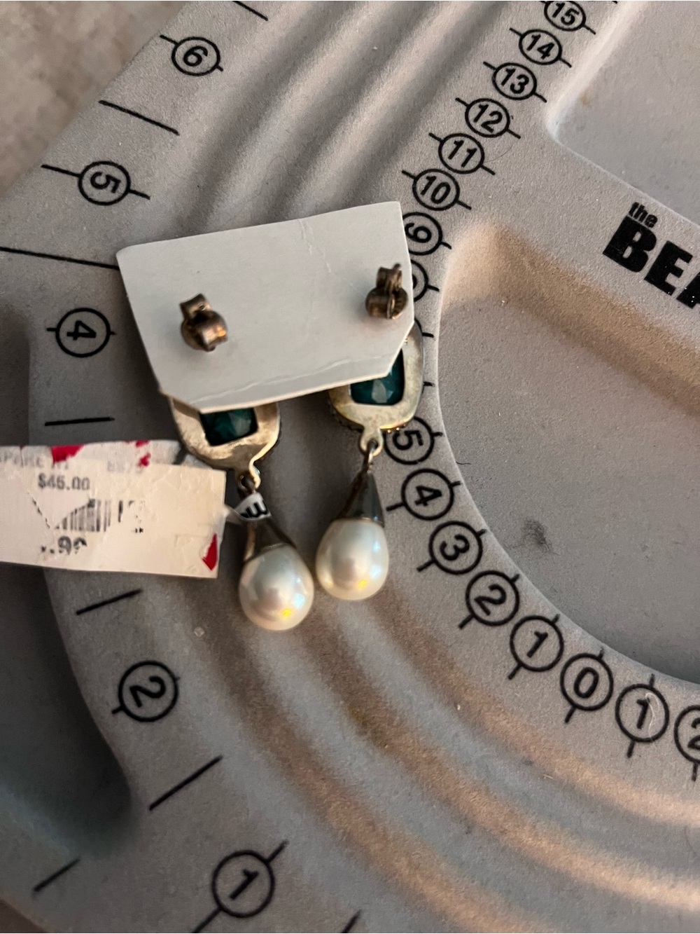 Turquoise Stone and Pearl Drop Earrings - Teal and White - Picture 2 of 2